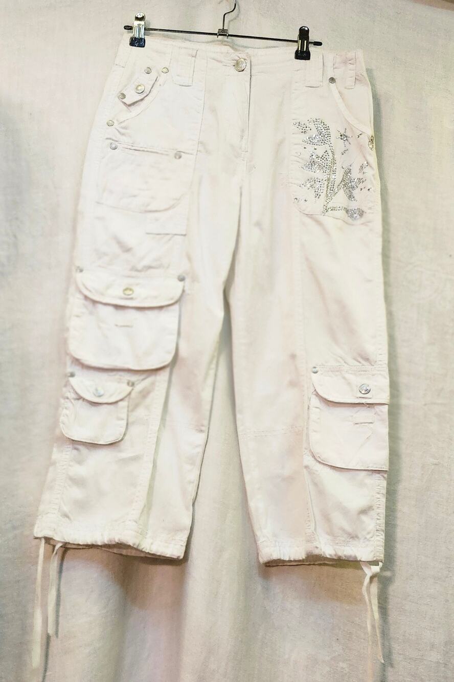 White 28" Waist Sz Small Bejeweled Y2K Cargo Cropped Pant
